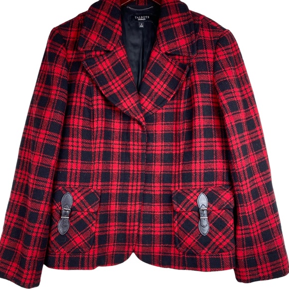 Talbots 12 Large Blazer Jacket Coat Tartan Plaid Wool Red Black Career - Picture 2 of 5